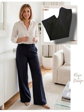 🌿George Women's 10 Petite Black Pinstripe Straight Wideleg Dress Pants